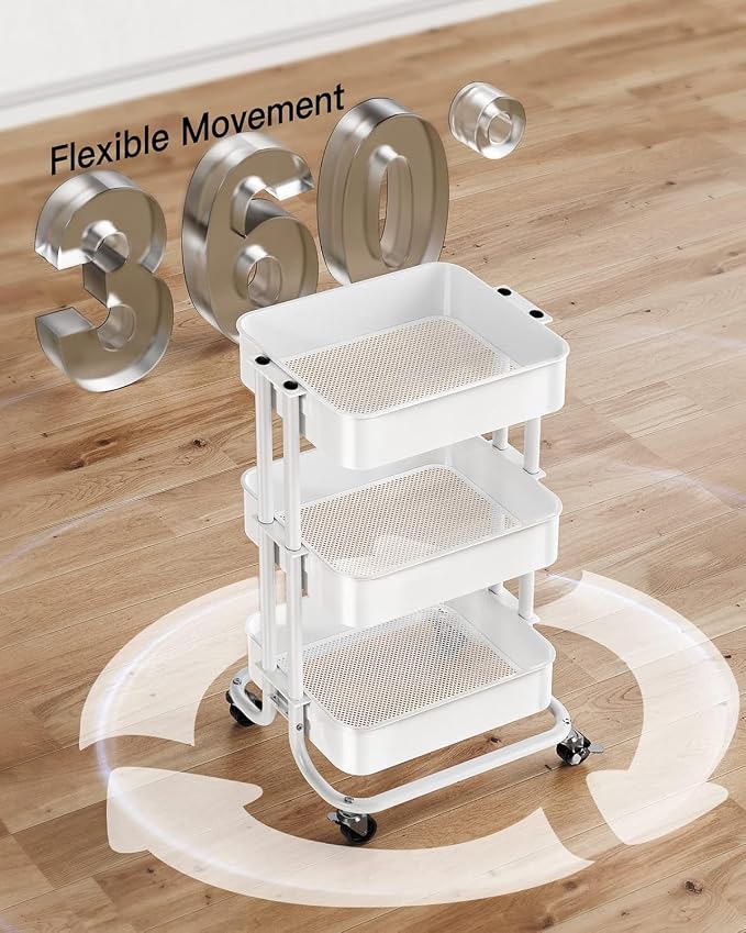 Pipishell 3 Tier Metal Rolling Utility Cart, Heavy-Duty Storage Rolling Cart with 2 Lockable Wheels, Multifunctional Mesh Organization Utility Cart for Kitchen Dining Room Living Room (White)