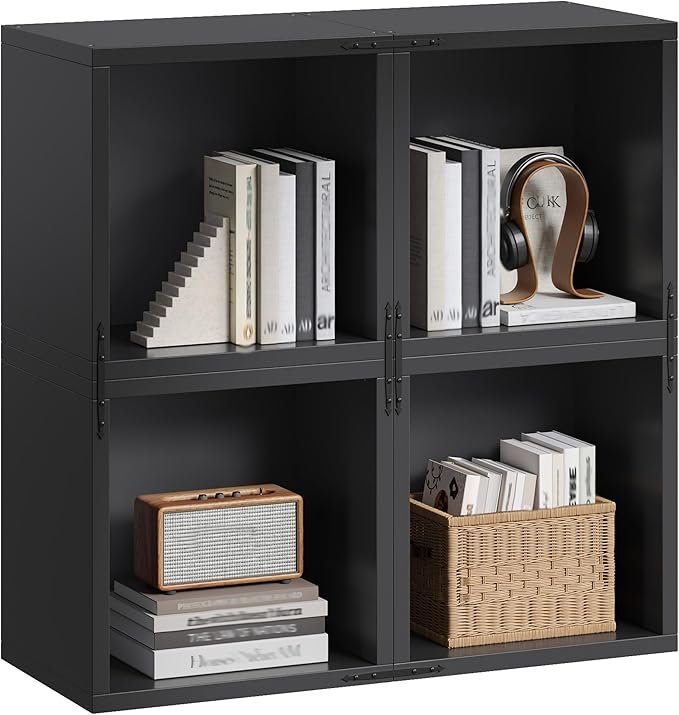 DIY Cube Storage Organizer, Stackable Display Bookcase with Anti-Tip Design, Cube Book Shelf for Bedroom, Office, Dorm, 4 Storage Cube, Black
