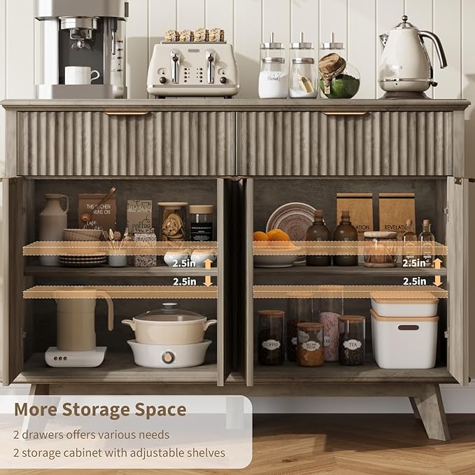 QUW Fluted Buffet Sideboard Cabinet with Storage, 47.2" Kitchen Cabinet with Drawers and Adjustable Shelves, Modern Coffee Bar with Charging Station, for Dining Room, Living Room, Grey