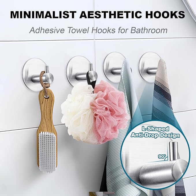 Towel Hooks for Bathroom (4 Pack) Adhesive Towel Hook Shower Hooks for Inside Shower - Sticky Bathroom Wall Hooks for Hanging Towels, Robe, Loofah, Bath Sponge - Brushed Nickel Towel Hooks