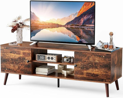 Sweetcrispy TV Stand for 55 60 inch TV, Modern Mid Century Entertainment Center with Storage, Media Console Table 2 Cabinet, Soft Hinge, Handle Door, Wooden Living Room, Office Furniture, Rustic Brown