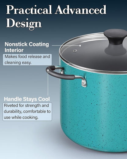 Cook N Home Professional 6 Quart Nonstick Stock Pot with Lid, Riveted Handles, Soup Pot for Holiday Feasts, Stockpot with Even Heating, Induction Cookware, Oven & Dishwasher Safe, Turquoise