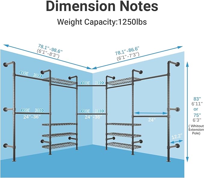Timate L Shape Closet Rack Wall Mount for Corner, Heavy Duty Hanging Garment Rack Clothing Rack with 8 Adjustable Shelves & 4 Hanger Rods, Closet System for Hanging Clothes, Black