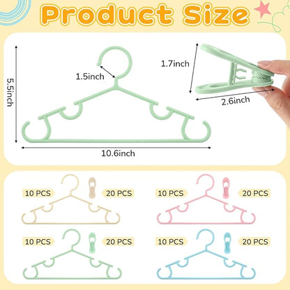 Hsei 5/10/40 Pack Baby Hangers with 10/20/80 Clips, Plastic Kids Pants Hangers for Nursery Closet Top and Bottom Clothes Hanger Set for Newborn Infant Toddler(120 Packs Total,Multicolor,10.6 Inch)
