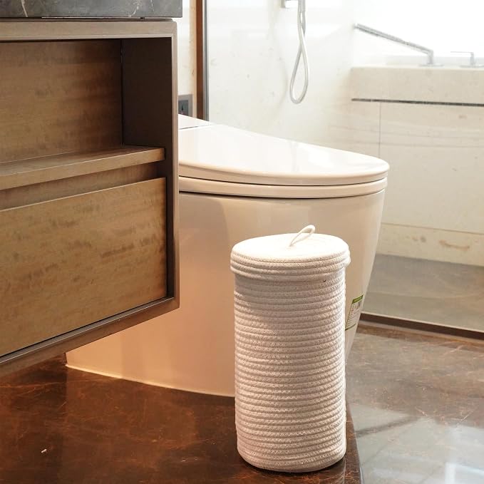 Toilet Paper Holder Handmade – Woven Cotton Toilet Paper Stand & Storage Basket with Lid, Freestanding Organizer for Bathroom, Fits 3 Mega Rolls Gradient Brown 14'' x 7''