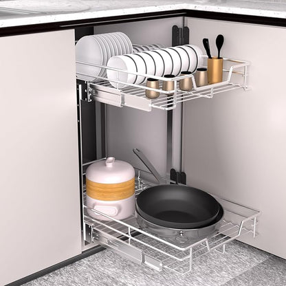 EZKAZA Pull Out Cabinet Organizer 14.5" W x 21" D, 2-Tier Kitchen Cabinet Pullout Shelf and Drawer Organizer Slide Out Pantry Storage Basket, 12.2" W x 21" D x 2.4" H for Bottom Basket Size