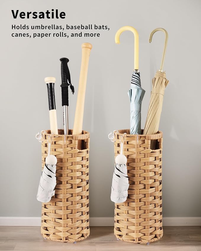 Rattan Umbrella Stand, Umbrella Holder for Entryway, Hand Woven Umbrella Rack Organizer Freestanding, with a Detachable Drip Tray, 4 Hooks, 7.5" L x 7.5" W x 16.5" H