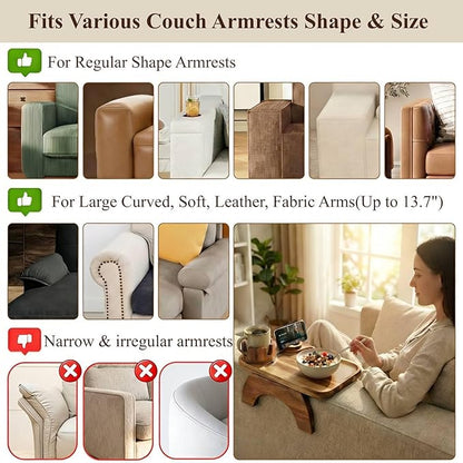 Couch Armrest Table, Acacia Wood Sofa Arm Tray with 360° Rotating Phone & Cup Holder, Clip-On Arm Rest Table for Couch, Anti-Slip Tray for Snacks & Drinks, for Men Dad, 15.4" x 9.8"