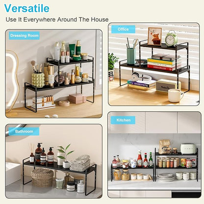 15.5 to 25.5 Inch Kitchen Cabinet Shelf Organizers, Adjustable Kitchen Counter Shelf Organizer, Set of 4 Expandable Countertop Storage Shelves, Stackable Design, 30LBS Heavy Duty, Space Saver