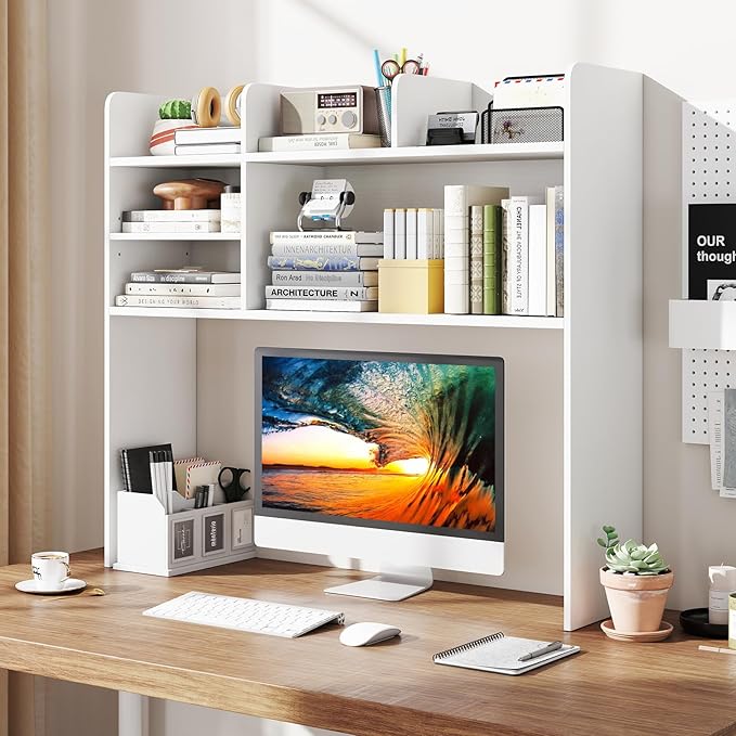 Desk Hutch, Desktop Shelf with 6 Shelves, Desk Bookshelf w/Anti-Toppling Devices, Wood Table Top Bookshelf Organizer, Small Desk Shelf for Study, Office, Dorm (White, 6 Shelves)