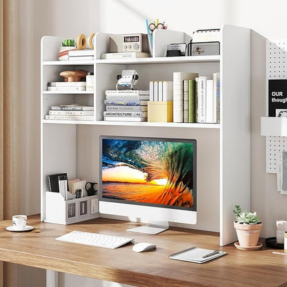 Desk Hutch, Desktop Shelf with 6 Shelves, Desk Bookshelf w/Anti-Toppling Devices, Wood Table Top Bookshelf Organizer, Small Desk Shelf for Study, Office, Dorm (White, 6 Shelves)