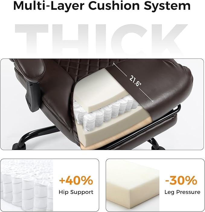 Office Chair, Executive High Back Leather Home Office Desk Chair with Footrest & Lumbar Support - Ergonomic Reclining Comfortable Wide Swivel Rolling Gaming Computer Chair 90-135° Adjustable Tilt Lock