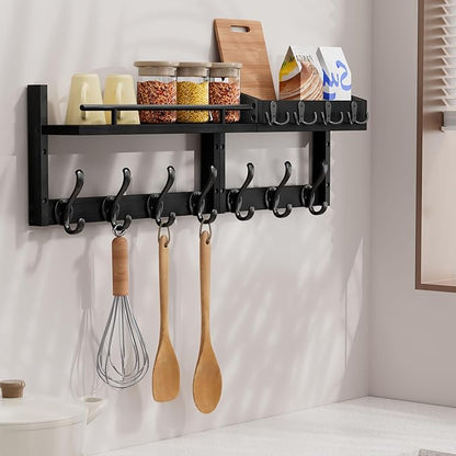 29 inch Coat Rack Wall Mount with Shelf, Set of 2 Heavy Duty Coat Hooks Wall Mount, Entryway Coat Hanger Wall Shelf with Key Holders and Mail Organizer for Living Room, Bedroom, Bathroom, Black