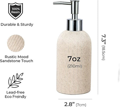 Sand Beige Hand Soap Dispenser for Bathroom and Kitchen with Pump, Luxury Farmhouse Style, Lotion, Dish Soap Dispenser, Sandstone Finish, Rust Proof, 7oz (Silver Pump)