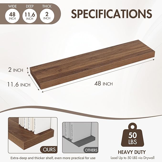 Acovy 48 Inch Floating Shelves, 12" Deep Floating Shelf Wall Mounted, 48" Wall Shelves, Rustic Deep Bookshelf, Extra Deeper & Thicker Display Shelves for Bedroom, Living Room, Walnut, Set of 2