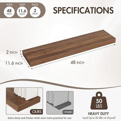 Acovy 48 Inch Floating Shelves, 12" Deep Floating Shelf Wall Mounted, 48" Wall Shelves, Rustic Deep Bookshelf, Extra Deeper & Thicker Display Shelves for Bedroom, Living Room, Walnut, Set of 2