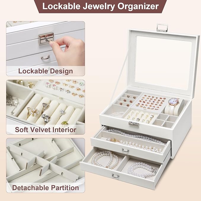 Yoobao Jewelry Boxes for Women with Transparent Lid, 3 Layers Jewelry Organizers and Storage for Necklaces Earrings Bracelets Rings, Ideal Present for Christmas Thanksgiving Birthday Mother's Day