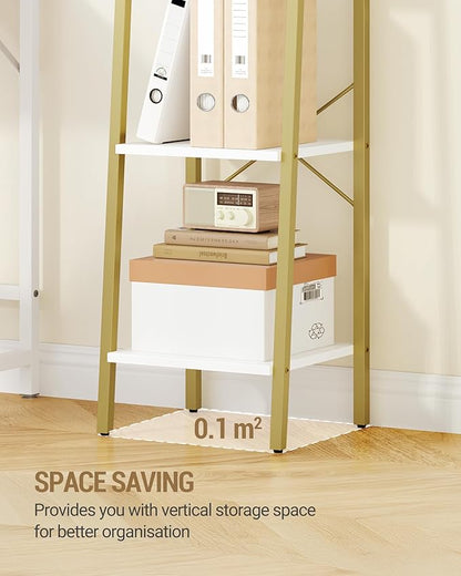 Ladder Shelf, Bookshelf Bookcase, Freestanding Corner Storage Shelve with 2 Hooks for Home Office, Living Room, Kitchen, Bedroom, Industrial, 11.8" D x 13.4" W x 47.2" H, White Gold BC13213G
