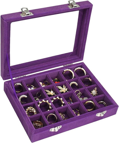 Vicoter Velvet Jewelry Box 24 Grid Jewelry Ring Display Organiser Box Tray Holder Earrings Storage Case for Girls Wife Mom Women (Purple)