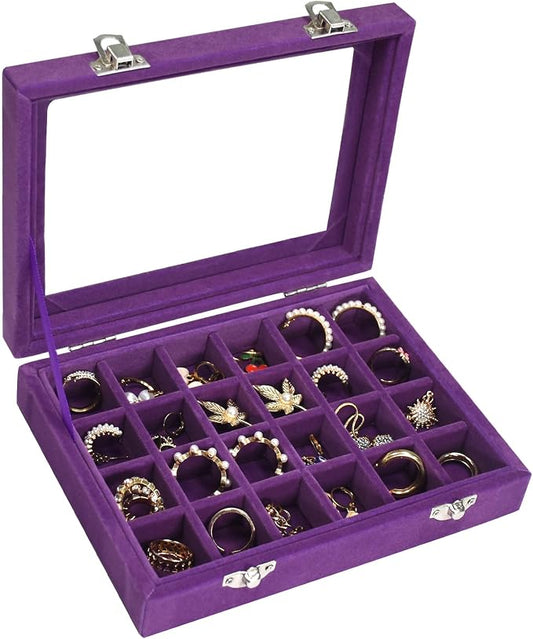 Vicoter Velvet Jewelry Box 24 Grid Jewelry Ring Display Organiser Box Tray Holder Earrings Storage Case for Girls Wife Mom Women (Purple)