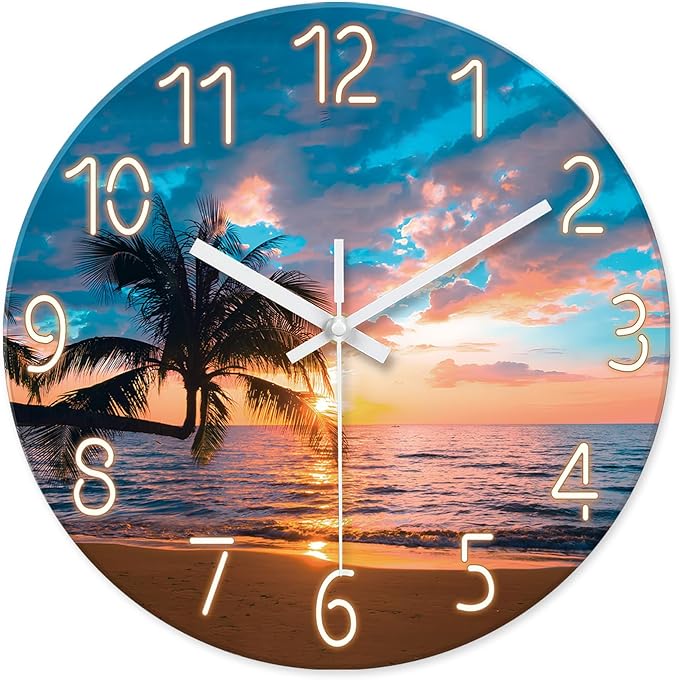 XFM Beach Wall Clocks Battery Operated 16 Inch Silent Non-Ticking Wall Clock Sunset Palm Tree Coastal Wall Clock for Bedroom Living Room Office Decor