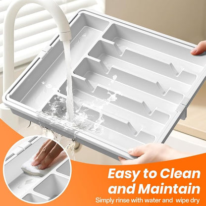 RoomHacks Large Silverware Organizer,Expandable Utensil Drawer Organizer,BPA Free Utensil Holder,Adjustable Silverware Tray Cutlery Drawer Organizer for Kitchen Flatware,Large,White (6-8 Slots)