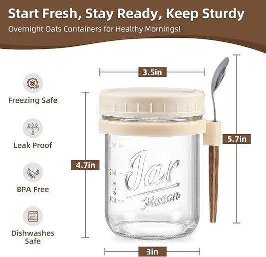 6 Pack Overnight Oats Containers with Lids and Spoons, 16 oz Glass Mason Overnight Oats Jars, Large Capacity Airtight Jars for Milk, Cereal, Fruit(Beige）
