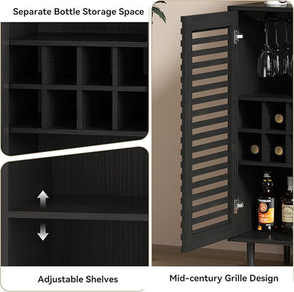 Mid Century Bar Cabinet with Wine Racks, Modern Liquor Cabinet with Slatted Doors for Dining Room, Living Room (Black)