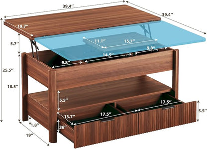 HUAHUU 40" Lift Top Coffee Table, 4 in 1 Square Coffee Table with Storage Shelf & 2 Drawers, Modern Coffee Tables with Lift Tabletop, Converts to Dining Table for Living Room, Home Office, Walnut