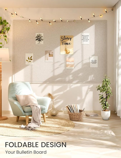 Fluxynara Large Bulletin Board, 70.8" x 47.2" Cork Board Alternative with 48 Safe Removable Adhesive Tabs, Foldable Felt Pin Board for Home Office, Classroom, Bedroom,Entryway for Walls— Oatmeal