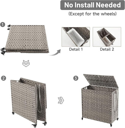 Laundry Hamper with Wheels, 39.6 Gallon(150L) Rolling Laundry Basket with Lid, 3-Section Rattan Clothes Hamper with 3 Removable Liner & 3 Mesh Bags, Laundry Sorter with Side Pocket, Grey