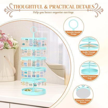 iDavosic.ly 5 Tier Rotating Earring Holder Organizer with Metal Tray, Adjustable Plastic Dangle Display Stands Tree with 285 Grooves, Large Hoop Storage Rack Tower, Blue