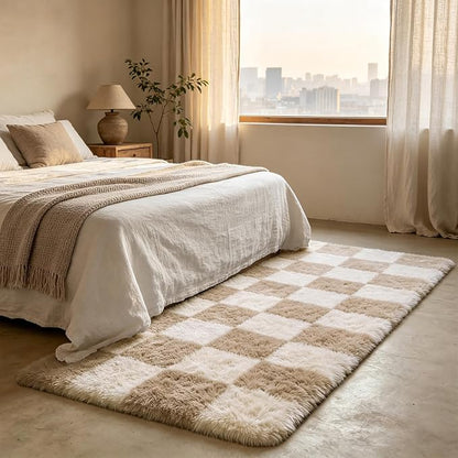 Shag Runner Rug for Bedroom Living Room 3x7 Upgrade Non-Slip Fluffy Soft Bedside Rugs,Beige and White Shaggy Carpet for Livingroom Dorm Home Decor Aesthetic