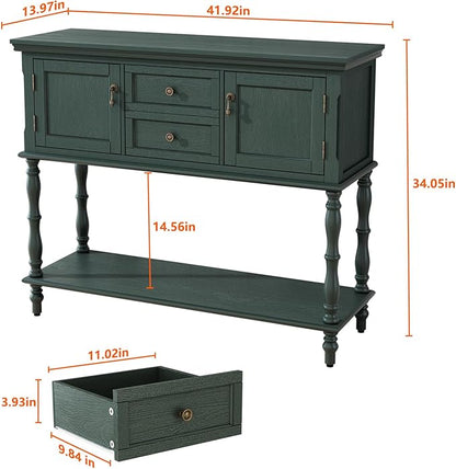 ARTPOWER Console Table with 2 Drawers, Retro Entryway Table with 2 Door Cabinets and Open Storage Shelf, Narrow Long Behind Couch Sofa Table for Living Room, Foyer, Hallway, Green