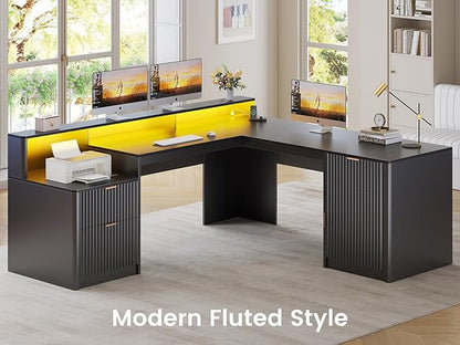 SEDETA 66" Modern L Shaped Desk with Drawers, Fluted Home Office Desk with File Cabinet and Printer Shelf, Wood Executive Desk with Monitor Stand, Led Lights, Power Outlets, Black