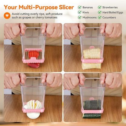 Strawberry Slicer & Fruit Slicer Cup – Ultra Sharp Stainless Steel Blades, Detachable Cutter with Push Plate – Rapid & Safe Slicing Kitchen Gadget for Quick Meal Prep (Pink)
