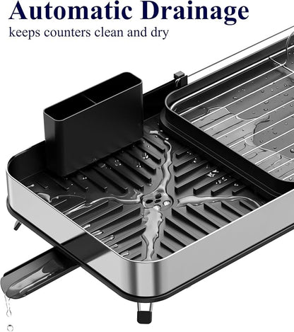 Kitsure Dish Drying Rack - Expandable Stainless Steel Dish Racks for Kitchen Counter, Auto-Drain Drying Rack for Kitchen with Cutlery Holder & Non-Slip Feet, 16.1-26.6" L x 12.6" W, Black