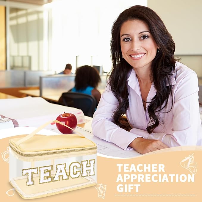 Teacher Appreciation Gifts Chenille Letter Clear Makeup Bag TEACH Pouch, Preppy Patch Makeup Bag Zipper with Handle Nylon Travel Cosmetic Bag Graduation Retirement Teacher Gifts for Women(TEACH-Beige)