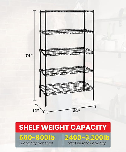 Quantum Storage Systems WR74-1436BK-5 Wire Shelving Starter Kit, 36" W x 14" D x 74" H, 600 lbs Capacity, Carbon Steel, Epoxy Coated, Black, NSF