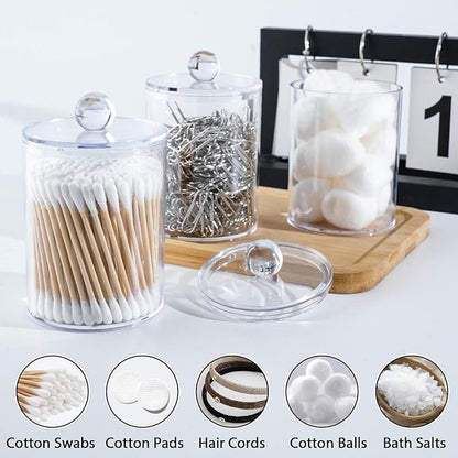 XIPENGKEJI 2 Pack Qtip Holder,Canister Apothecary Jar Set, Bathroom Jars with Lids Set for Cotton Swabs, Balls, Pads, Floss Picks,10oz-12oz Plastic Canisters Restroom Bedroom Vanity Organizer(Clear)