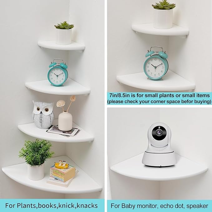 Conamily Corner Shelf, Solid Oak Wood Floating Corner Shelf Wall Mount Round End Floating Speaker Shelves with Wire Hole for Small Plant Photo Frame for Bedroom Kitchen, Living Room (White, 7.1in)