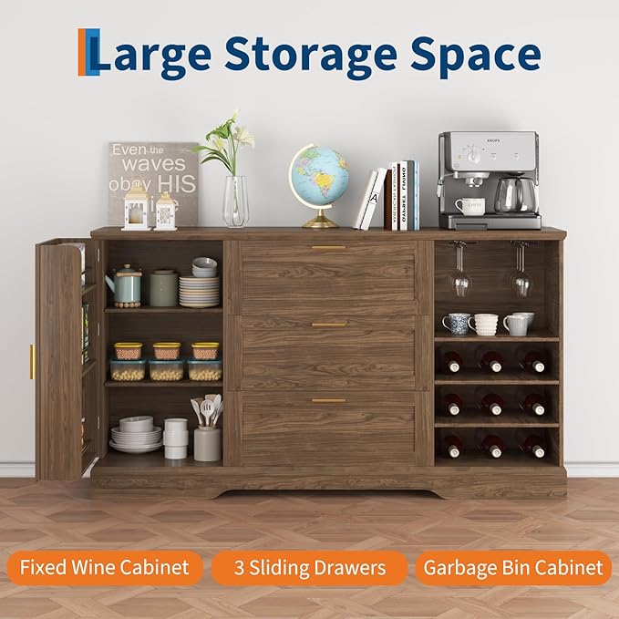 GarveeHome 63 Inch Farmhouse Sideboard Buffet with Drawer Adjustable Shelves,Kitchen Island with Door-Back Rack for Snacks,Coffee Bar Buffet with Wine Racks Storage for Kitchen Entryway Rustic Walnut