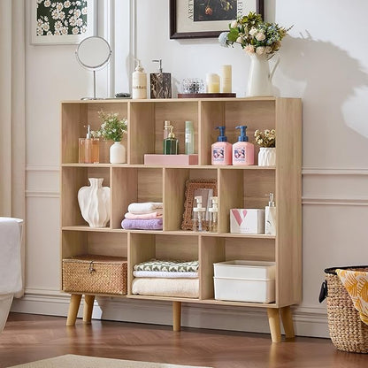 LEYAOYAO 10 Cube Bookshelf,3 Tier Modern Wide Bookcase with Legs,Mid-Century Wood Bookshelves Storage，Light Wood Large Book Case,Freestanding Organizer Display Shelf for Bedroom,Living Room,Office