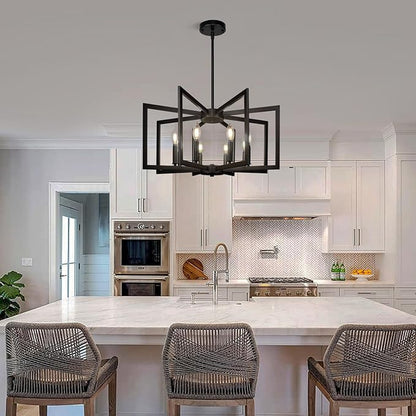 8-Light Large Black Chandelier,Dining Room Light Fixture Geometric Metal Modern Chandelier,Hanging Industrial Metal Chandelier for Kitchen Island Entryway Stairway Foyer Hallway.