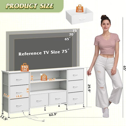 WLIVE TV Stand Dresser for 65,70 inch TV, Entertainment Center with LED Lights & 8 Long Fabric Drawers, Dresser TV Stand for Bedroom and Living Room, White