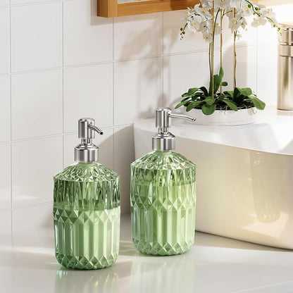 AmazerBath Soap Dispenser, Green Glass Soap Dispenser with Pump Stainless Steel, 14.2OZ Refillable Hand Bottles Bathroom Kitchen, 1 Pack