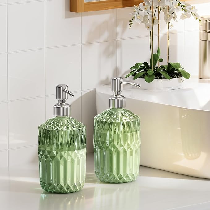 AmazerBath Soap Dispenser, 2 Pack Green Glass Soap Dispenser with Pump Stainless Steel, 14.2OZ Refillable Hand Soap Bottles Bathroom Kitchen