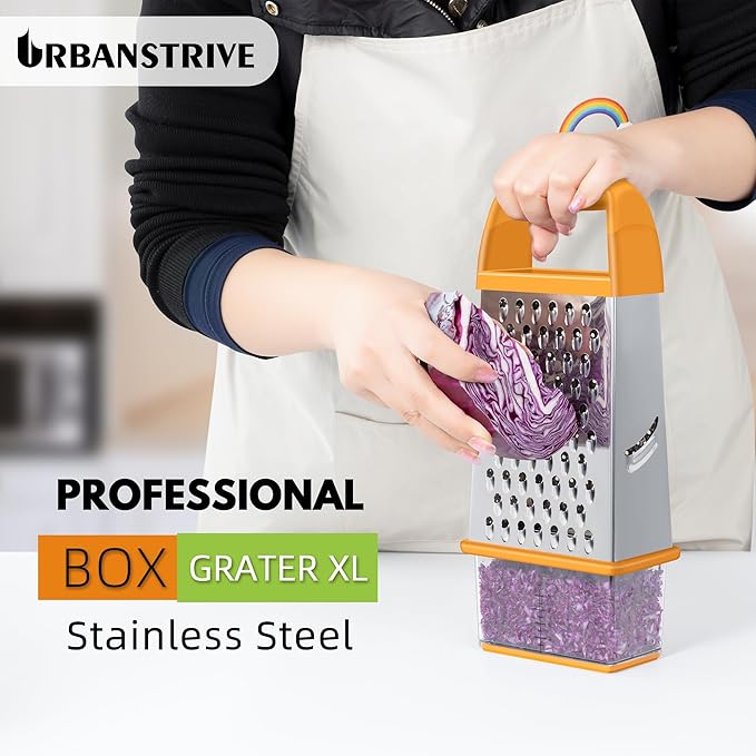 Urbanstrive Cheese Grater With Container, Professional Cheese Grater with Handle, Stainless Steel Graters for Kitchen Handheld, Box Grater with 4 Sides for Vegetables, Ginger, Potatoes (Orange)