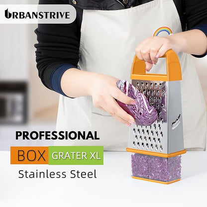 Urbanstrive Cheese Grater With Container, Professional Cheese Grater with Handle, Stainless Steel Graters for Kitchen Handheld, Box Grater with 4 Sides for Vegetables, Ginger, Potatoes (Orange)