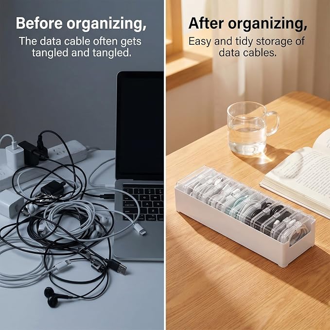 3 Pcs 11 Case Cable Storage Box with Cable Straps and Label Stickers, Clear Desktop Drawer Cable Management Box Cord Organizer Box for Home Office USB Wires Earphones Travel Cord Holder